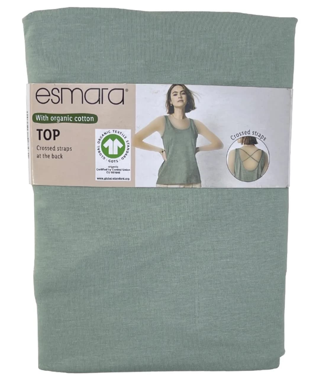 تاپ زنانه اسمارا رنگ پسته ای از پنبه ارگانیک با طراحی پشت ضربدری، مناسب استایل روزمره و تابستانی